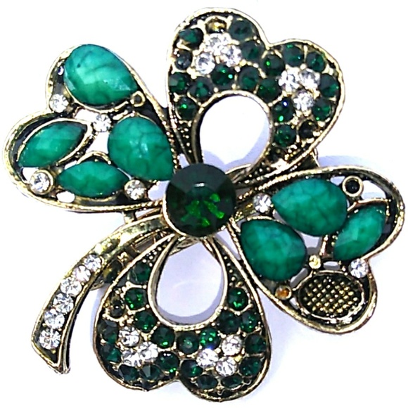 ☘Vintage Enamel Emerald Rhinestone Shamrock Pin x2 - Picture 8 of 8